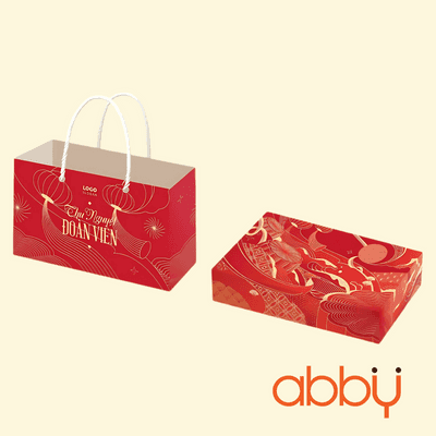 Bộ túi&hộp bánh trung thu 2 bánh 150-200g mẫu Hồng Nguyệt Giao Tâm