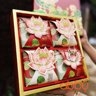 Bộ túi & hộp giấy 4 bánh trung thu 125-250g mẫu Kiều Liên Nguyệt Lãm đỏ
