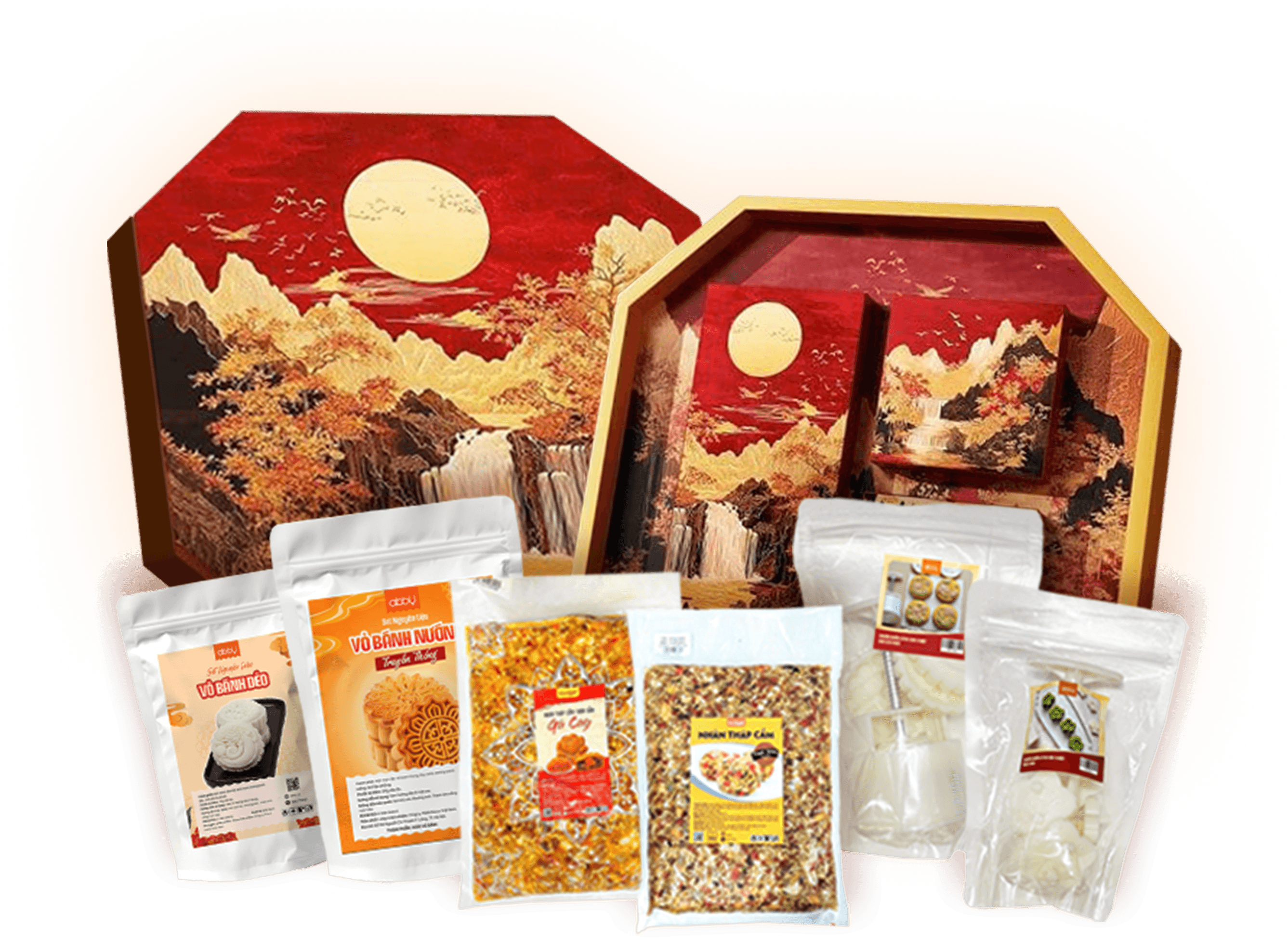 Ảnh túi hộp, nguyên liệu, nhân, đồ làm bánh trung thu