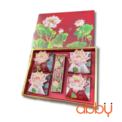 Bộ túi & hộp giấy 4 bánh trung thu 125-250g mẫu Kiều Liên Nguyệt Lãm đỏ có hộp trà