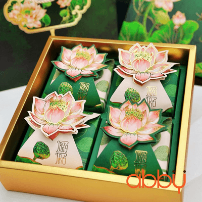 Bộ túi & hộp giấy 4 bánh trung thu 125-250g mẫu Kiều Liên Nguyệt Lãm xanh