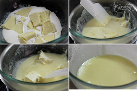 Đun cách thủy socola cùng kem tươi với bơ nhạt để mềm và tinh dầu vani