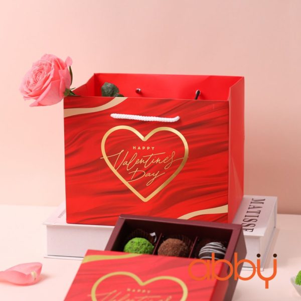 Túi đựng hộp socola ngang 19.5×15.5cm Happy Valentine's Day màu đỏ