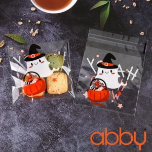 Túi đựng bánh quy tự dán ma trắng 10x10cm (10 chiếc)