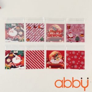 Túi đựng bánh quy tự dán Giáng sinh mix 4 mẫu nền đỏ 10x10cm (100 chiếc)