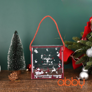 Hộp nhựa mica có quai xách Tuần lộc đỏ 14x14cm