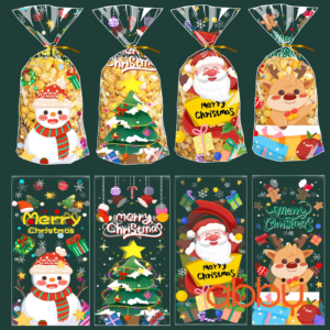 Túi đựng bánh quy Giáng sinh mix 4 mẫu trong 13x28cm (10 chiếc) - kèm dây buộc