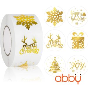 Tem dán Giáng sinh tròn mẫu ngẫu nhiên ánh kim nền trắng (500 chiếc)