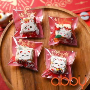 Túi đựng bánh quy tự dán Mèo thần tài 7x7cm (100 chiếc)